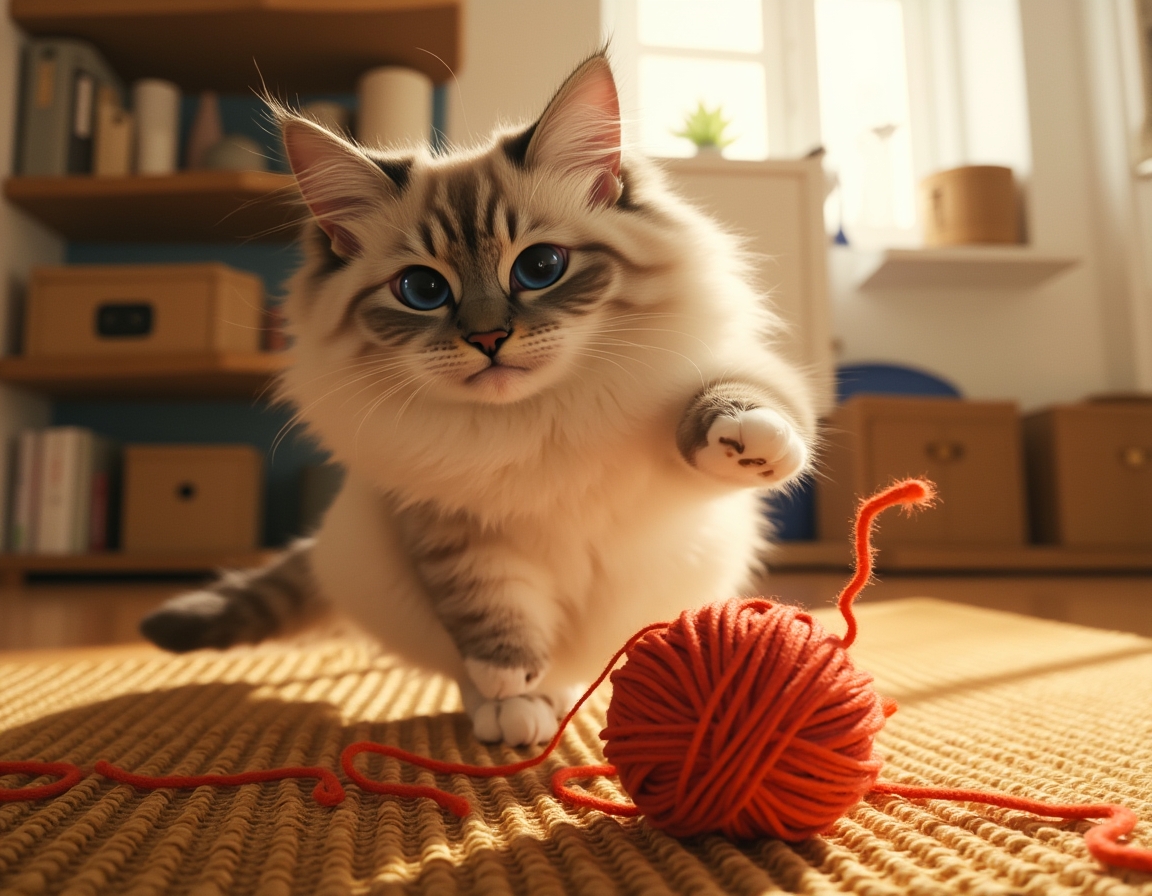 Cat pounces on a colorful ball of yarn on a wooden floor. The scene is bathed in soft sunlight streaming through a window, with a cozy room in the background.